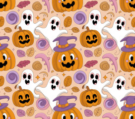 Obraz premium Cute Halloween Ghost and Pumpkin Seamless Pattern — Pastel Kawaii Spooky Background for Kids and Party Decor