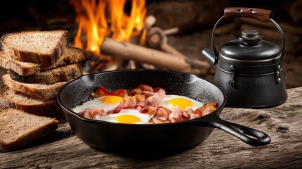 A rustic scene featuring a cast iron skillet with eggs and bacon, toasted bread, and a kettle, set against a warm campfire backdrop.