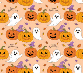 Cute Halloween Ghost and Pumpkin Seamless Pattern — Pastel Kawaii Spooky Background for Kids and Party Decor