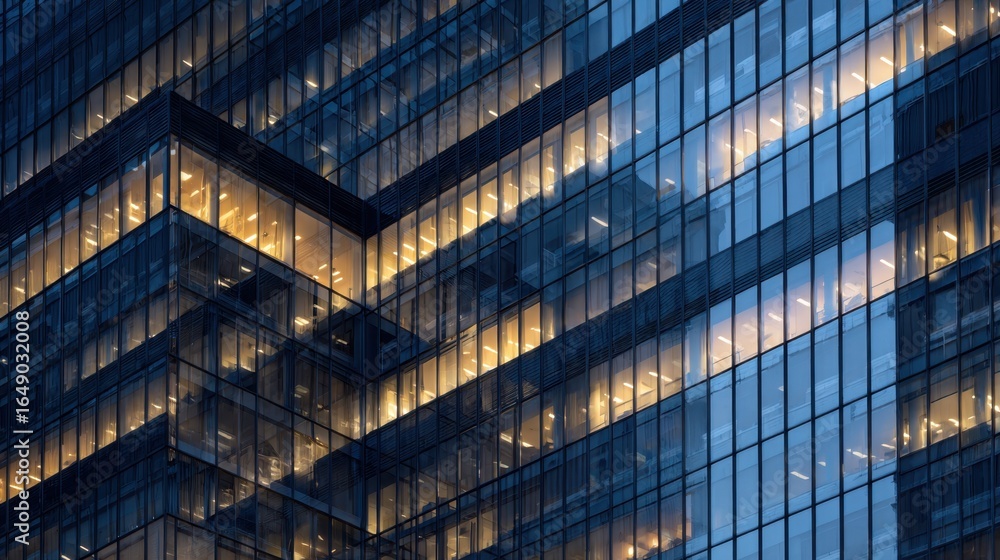 Poster a close-up view of a modern glass building showcasing intricate reflections and patterns created by 