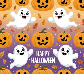 Fototapeta premium Cute Halloween Ghost and Pumpkin Seamless Pattern — Pastel Kawaii Spooky Background for Kids and Party Decor