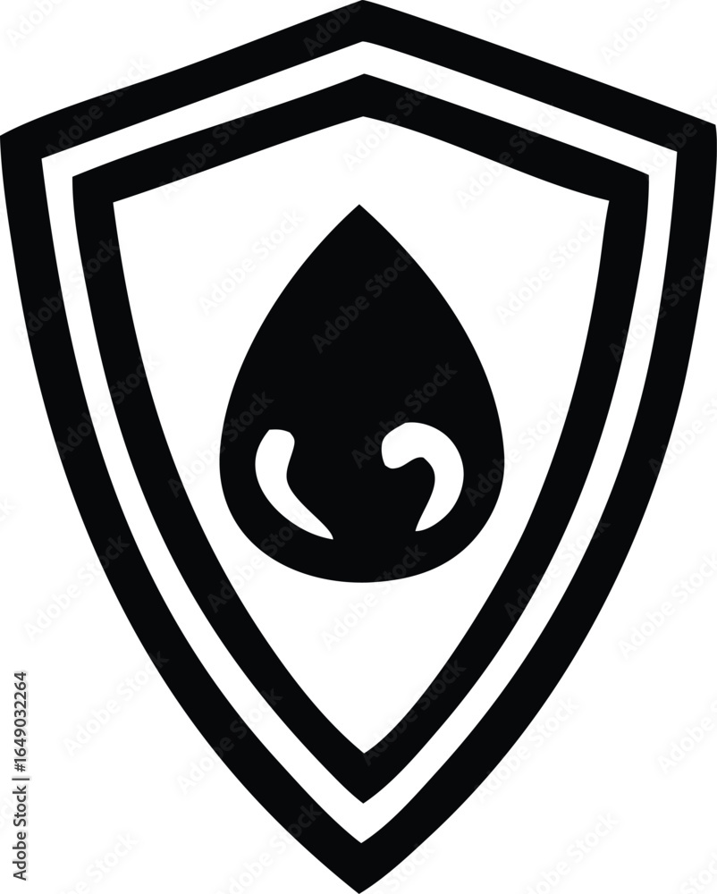 Poster black and white shield emblem featuring a stylized black droplet with a subtle nose shape inside sym