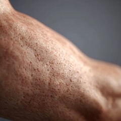 Fototapeta premium Adult Upper Arm With Keratosis Pilaris, Showing Small Rough Bumps On Skin, Subtle Redness, And Dry Texture. Skin Surface Is Hyper-Detailed With Visible Pores And Natural 