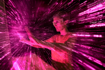 Engineer with AR glasses interacting with data stream in virtual space