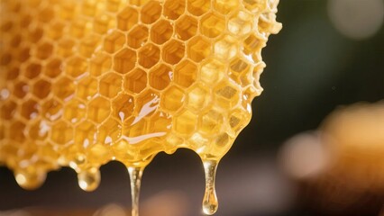 Honey dripping from a honeycomb, showcasing its golden viscosity and natural texture.