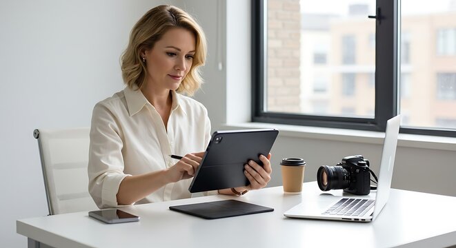 Elegant creative professional working on a tablet at her modern, sunlit office desk.