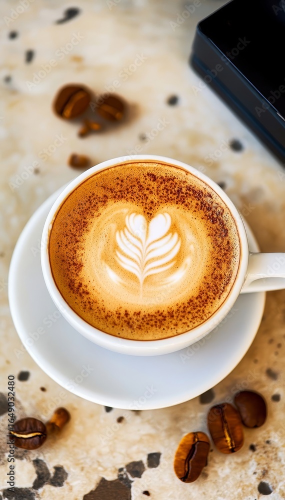 Poster stunning latte art creation displayed in a beautifully designed coffee cup on a rustic table setting