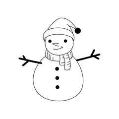 Cheerful snowman, contour drawing, isolated on white. A snow symbol of winter and Christmas. A New Year's character for a holiday, decorations, postcards, posters. Vector black and white illustration