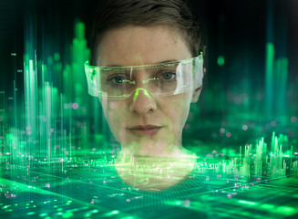 Woman wearing AR glasses with digital data hologram projection