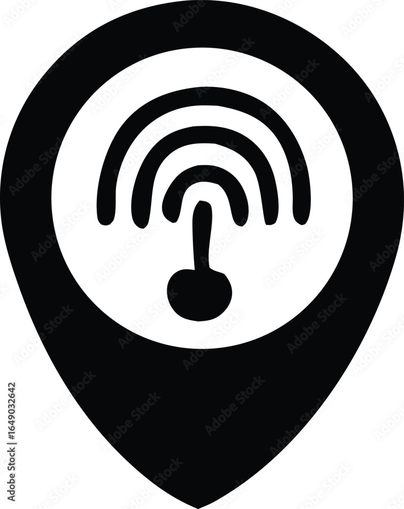 Poster black and white icon symbolizing a wi fi signal within a location pin representing wireless network 