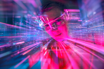 Engineer with AR glasses interacting with data stream technology