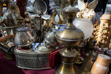  Old Vintage Ceramic Jugs. Close View Of Jugs In Shop Flea Market Of Antiques Old Retro Vintage...