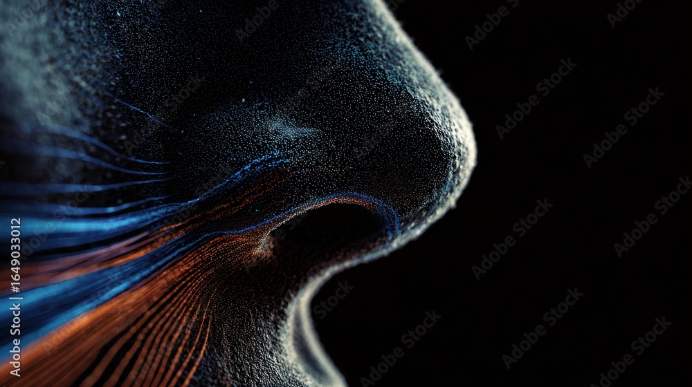 Poster a close-up view of an abstract representation of a creature's profile, showcasing vibrant colors and