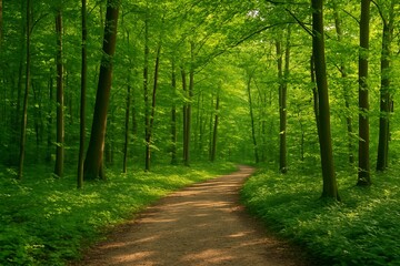 Obraz premium Sunlit Forest Path with Lush Green Trees Background