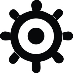 A striking black and white graphic symbol resembling a stylized ship s wheel or a celestial navigation compass with concentric circles