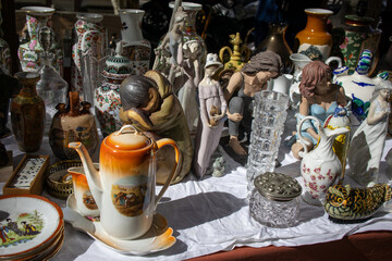  Old Vintage Ceramic Jugs. Close View Of Jugs In Shop Flea Market Of Antiques Old Retro Vintage Things. A Lot Of Old Things. Used Things. Second Hand Trading.