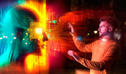 Man interacting with digital holographic interface in futuristic setting