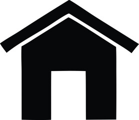 Simple black silhouette of a house with a gable roof and an open doorway representing home and shelter