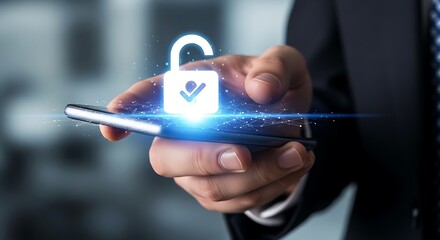 Businessperson Holding Smartphone with Digital Unlocked Lock Icon