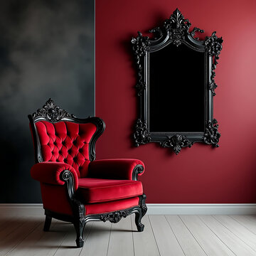 Opulent Red Velvet Armchair with Ornate Black Frame and Matching Mirror Against a Two-Tone Wall Interior