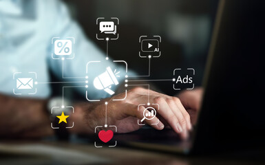 Digital marketing strategy. Announce promotions and campaigns via email and social media. Man using...