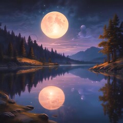 Calm fantasy lake at night, reflections on water, small glowing orbs floating above the surface, surrounded by simple hills