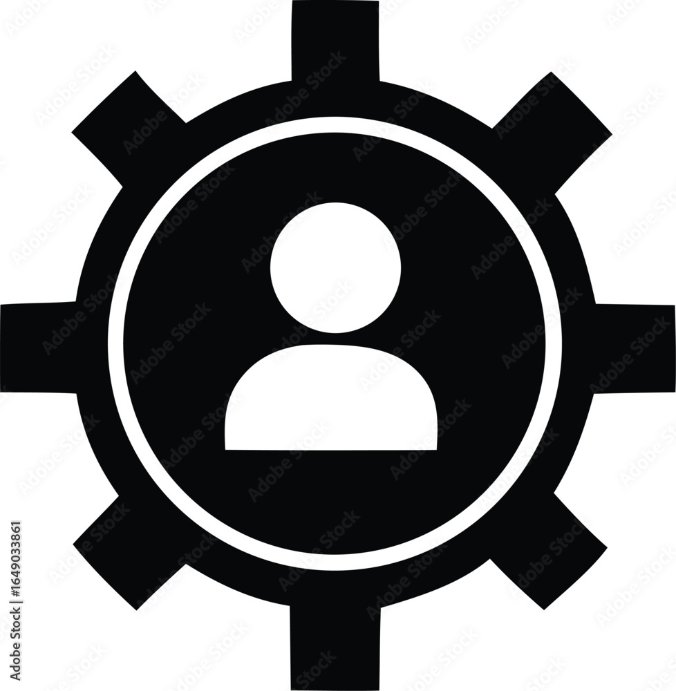 Poster iconic representation of a human figure integrated within a stylized gear mechanism symbolizing user