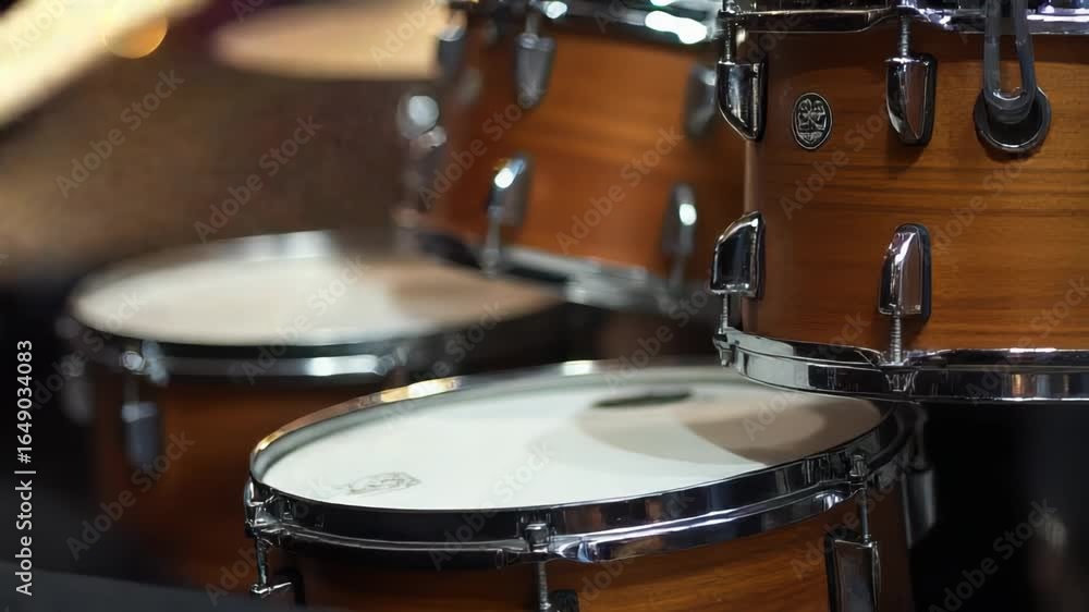 Poster close-up view of two drums with drumsticks resting on them, great for music-related concepts and ide