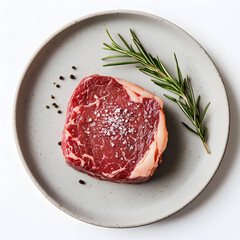 raw beef with herbs on plate on white background