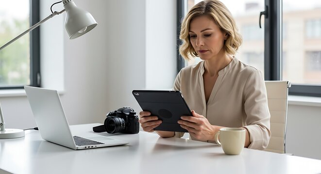 Focused Creative Professional at a Clean Desk with Tablet, Laptop, and DSLR Camera.