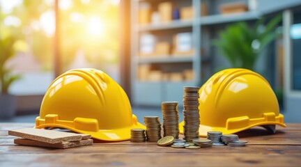 Construction Hard Hats and Money, finance and investment planning, project management budget.