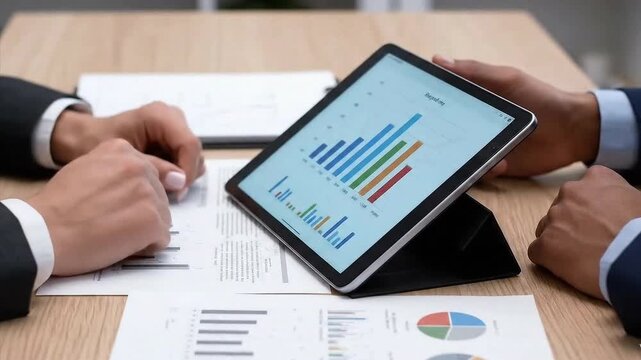 Close-up of business professional analyzing financial data on a digital tablet device; business people meeting plan analysis statistics brainstorm and header of team hold tablet pointing graph chart