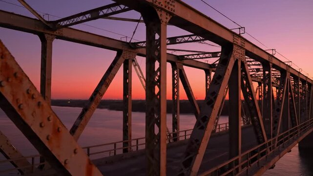 red to purple gradient - A weathered steel bridge spans a tranquil river at sunset, with vibrant hues reflecting on the water, showcasing the beauty of industrial architecture in nature