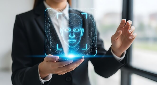 Businesswoman Interacting with Holographic Facial Recognition - Powered by Adobe