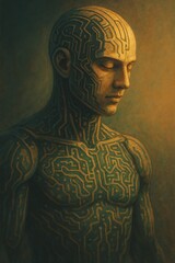 person with glowing circuit patterns on skin in dark futuristic setting for cyber concept