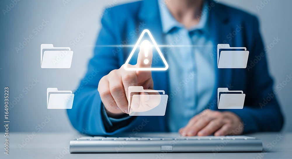 Poster user pointing at a warning sign on a digital interface, indicating data security risk and important 