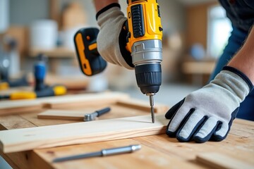 Worker Using a Cordless Drill, home renovation and construction, wood work, skilled craftsmanship.