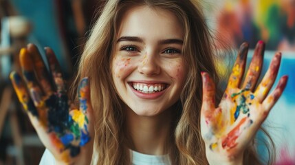 Radiant artist displaying her paint-covered hands with a cheerful smile