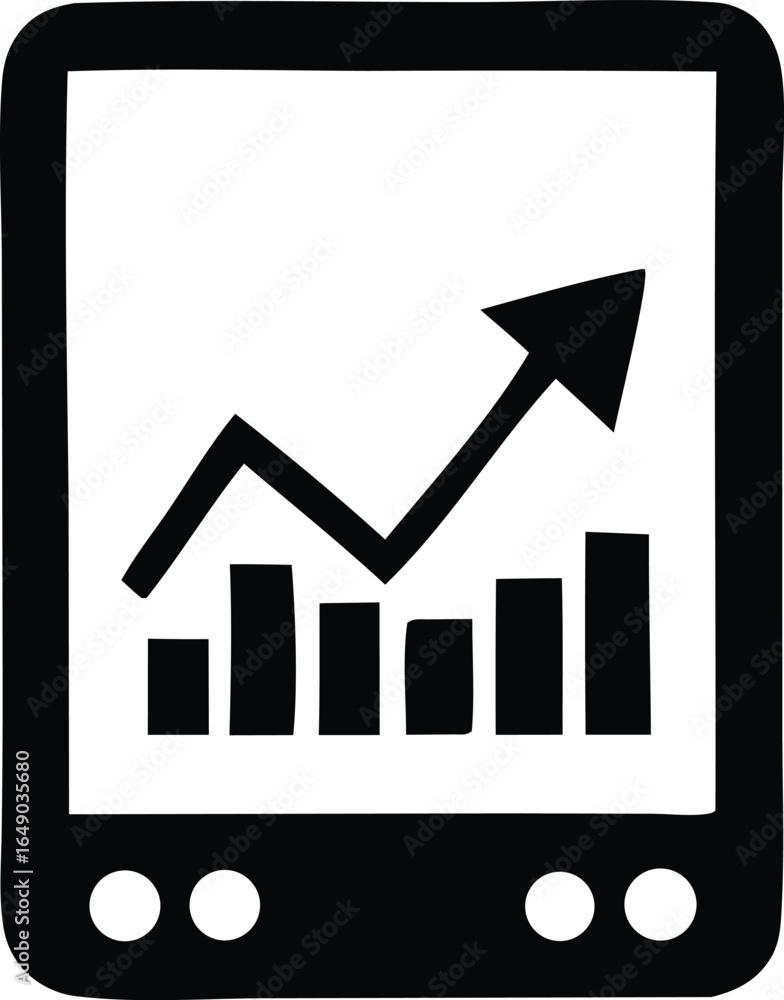 Poster a black and white icon representing a tablet device displaying a bar chart with an upward trending l