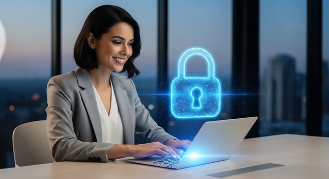 Businesswoman Working on Laptop with Digital Lock Icon - Powered by Adobe