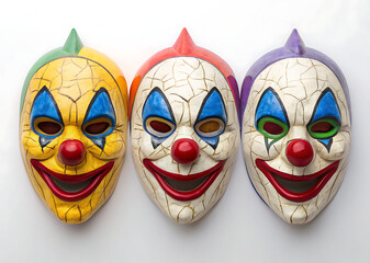 A trio of brightly colored clown masks with cracked paint and exaggerated features displayed together