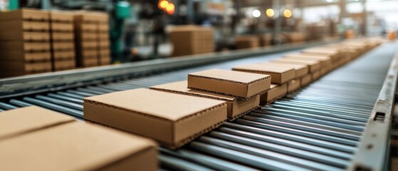 Conveyor Belt of Cardboard Boxes in a Warehouse