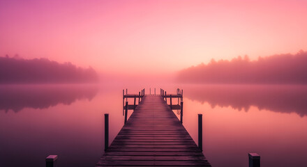 Obraz premium Foggy Lake Pier Pink Misty Landscape Serene Calm Atmospheric Tranquility