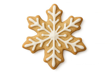 Gingerbread christmas cookie shaped as snowflake with white icing decoration on transparent background