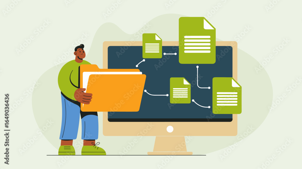 Poster office worker organizing a digital document workflow on a computer vector illustration
