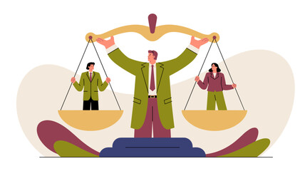 judge holding scales of justice balancing a man and a woman vector illustration, equality in law, gender justice and fair legal representation
