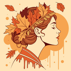 A digital illustration depicts a woman in profile with autumn leaves adorning her hair like a crown. It's an icon likely intended for use in stock media.

