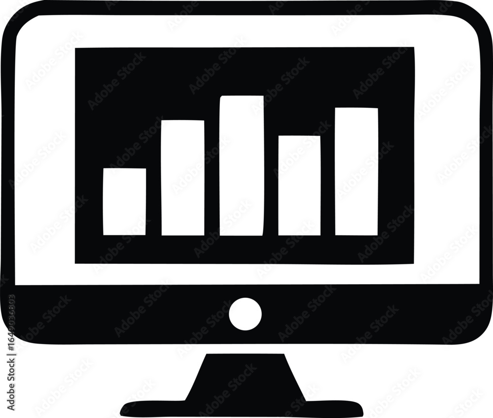 Poster stylized black and white icon of a computer monitor displaying a simple bar chart representing data 
