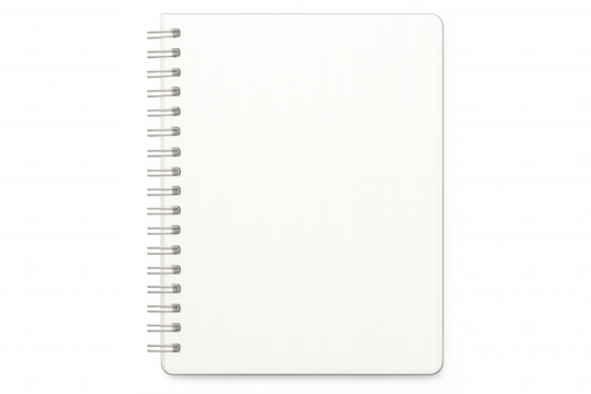 Realistic spiral notepad with blank white pages on transparent background, ideal for showcasing your design