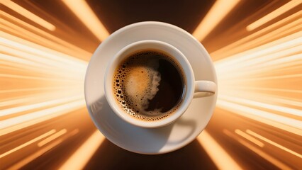 A steaming cup of coffee with dynamic light streaks in the background